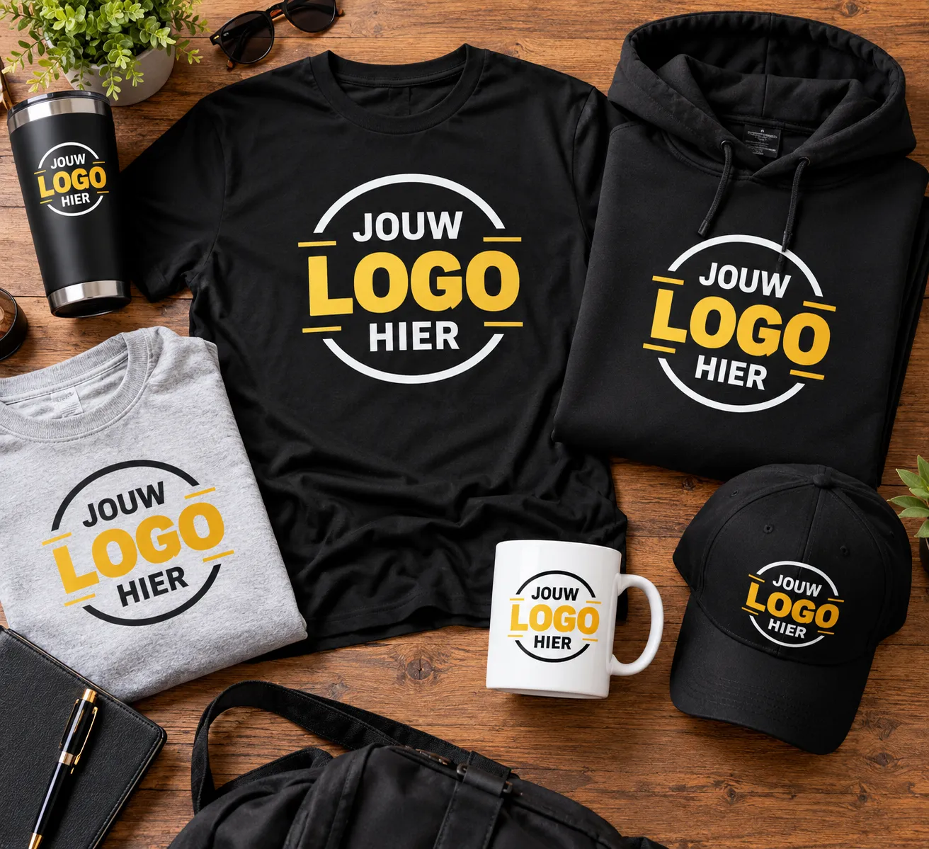 T-shirts, hoodie, pet, mok en tumbler met eigen logo