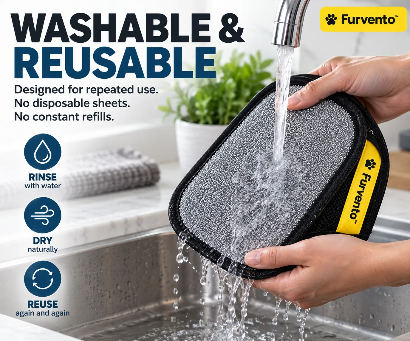 Furvento reusable cleaning mitt being rinsed under water
