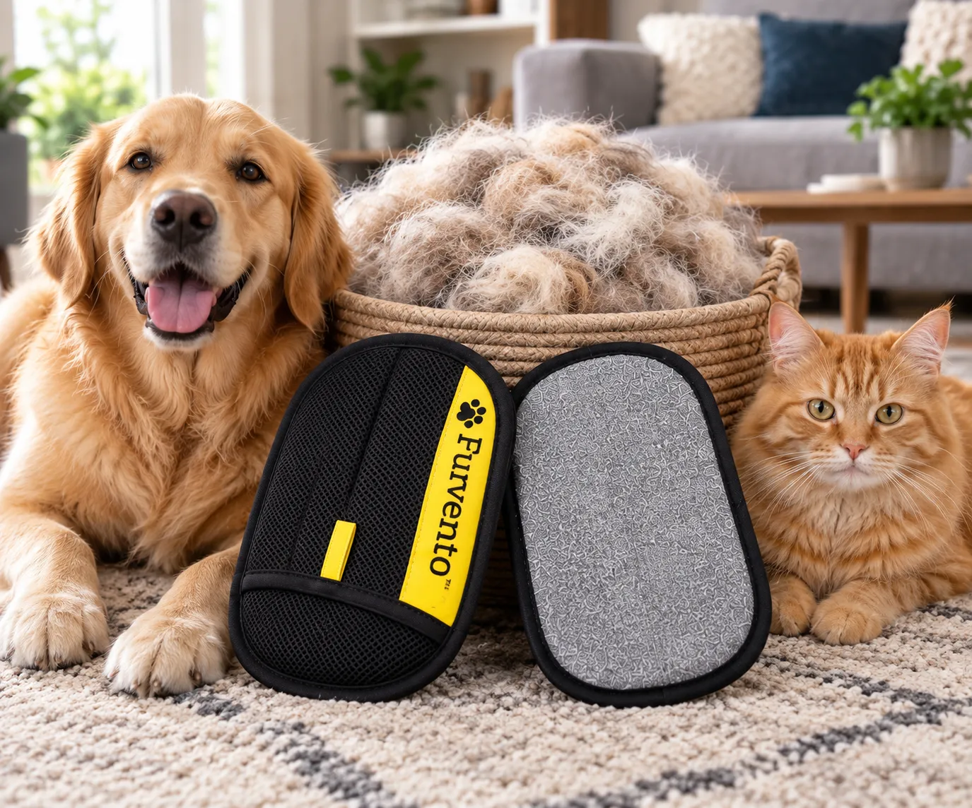 Furvento front and back cleaning mitt with pets and collected fur