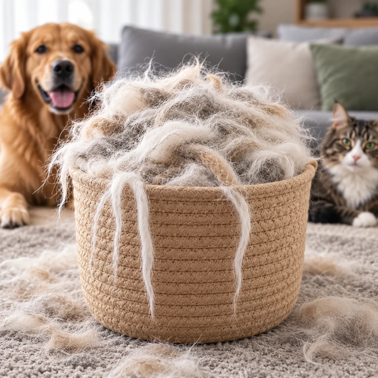 Basket filled with accumulated pet hair