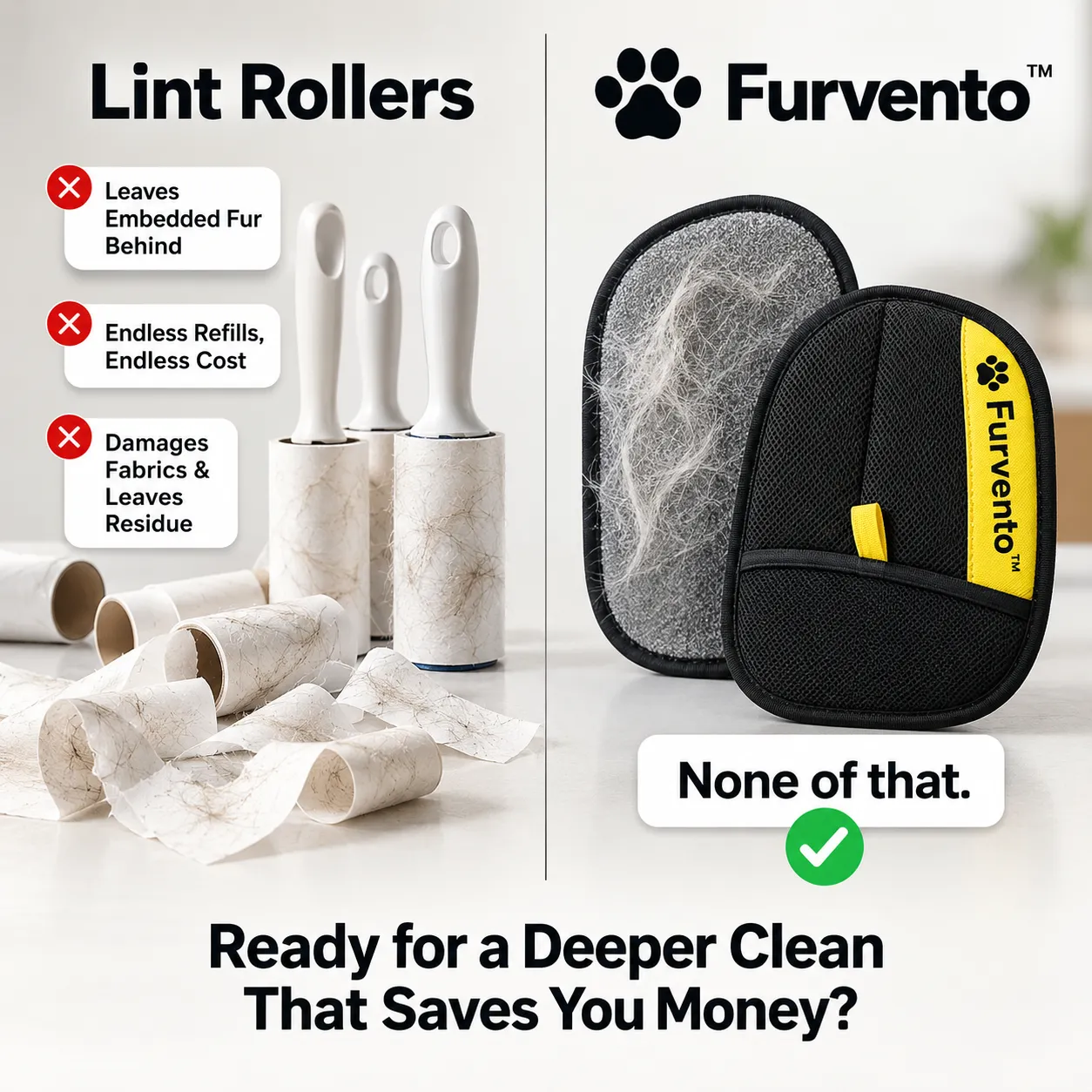 Lint rollers compared with Furvento reusable pet hair and lint removal glove