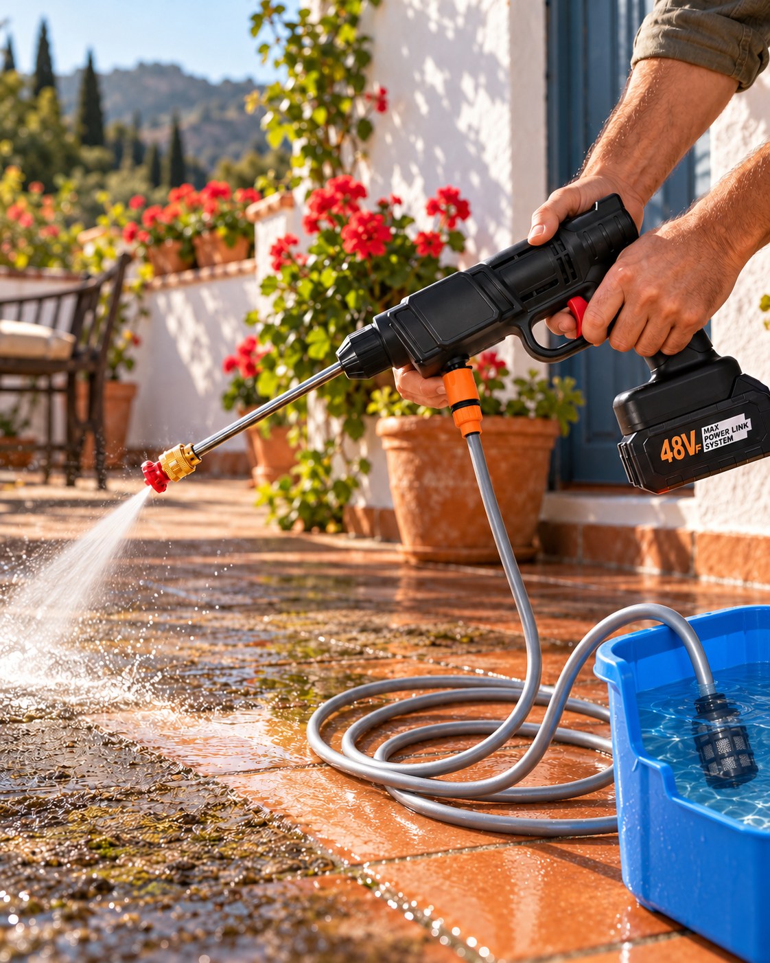 Limpiando el suelo de un patio con Nordelys Fiordo y un cubo de agua