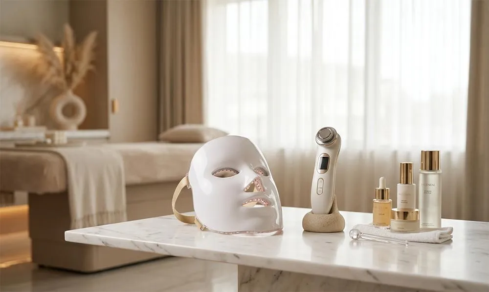 At-home facial skincare devices including LED face mask and facial beauty tool