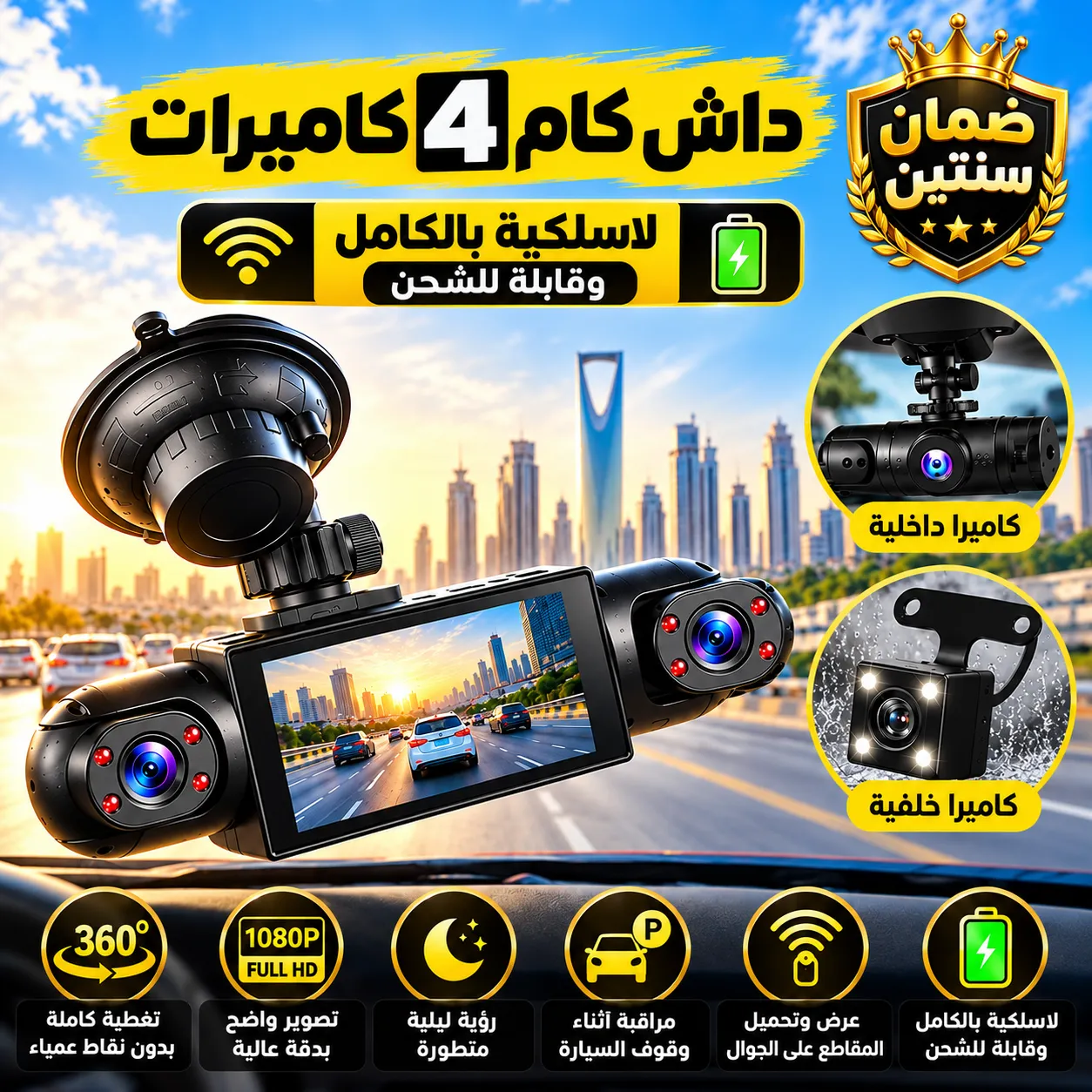 داش كام للسيارة 4 كاميرات لاسلكية قابلة للشحن – تصوير 1080P ورؤية ليلية وWiFi