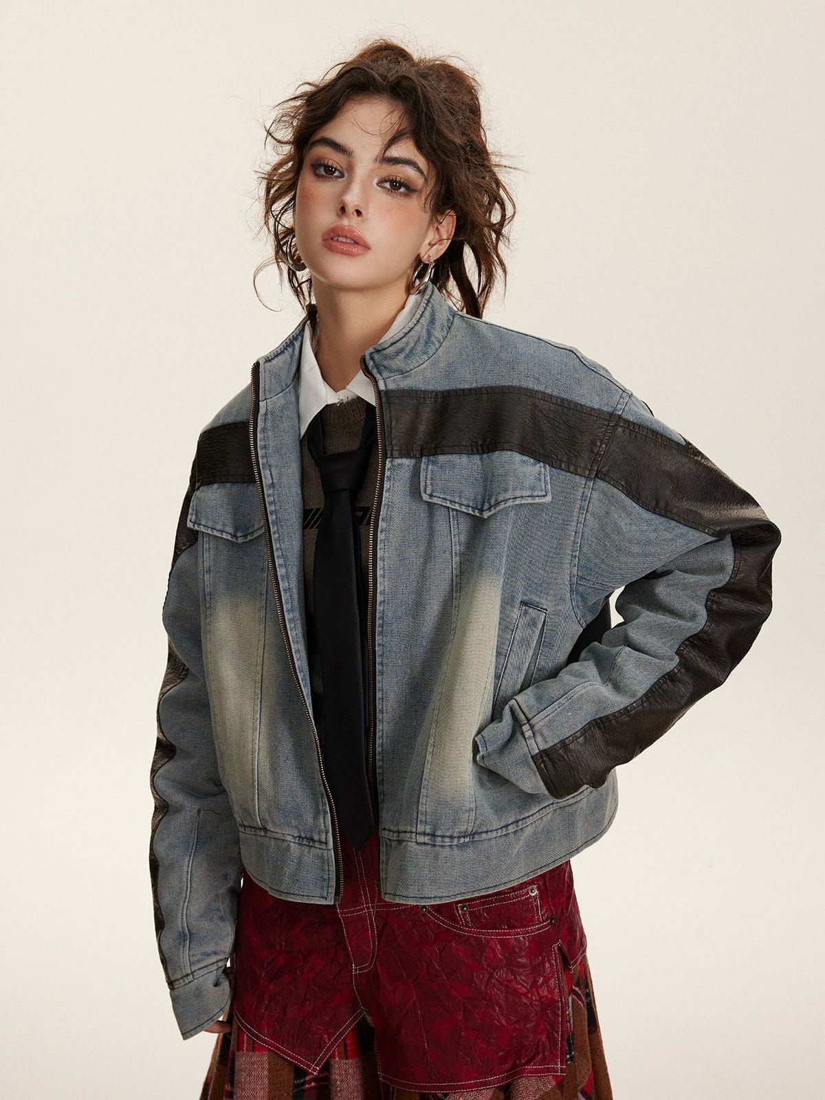 Stained Patchwork Denim Racing Jacket